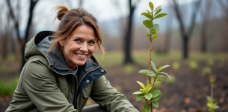 Femme plantant des jeunes arbres après un incendie