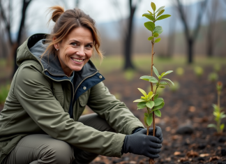 Femme plantant des jeunes arbres après un incendie