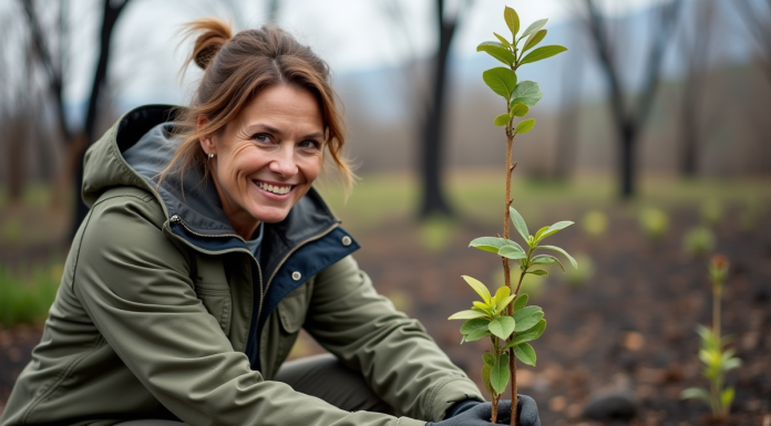 Femme plantant des jeunes arbres après un incendie