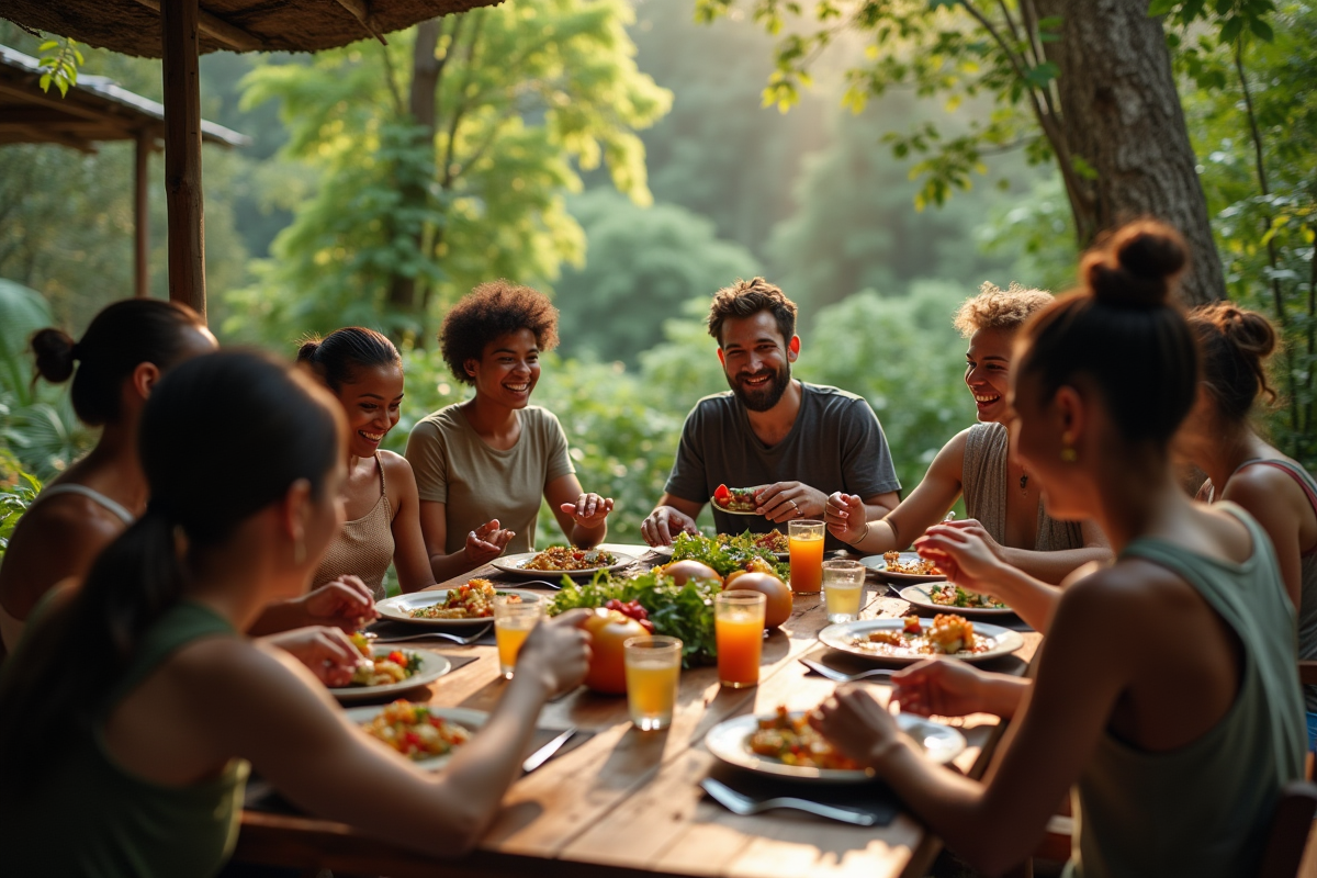 Groupe partageant un repas dans un ecolodge en forêt