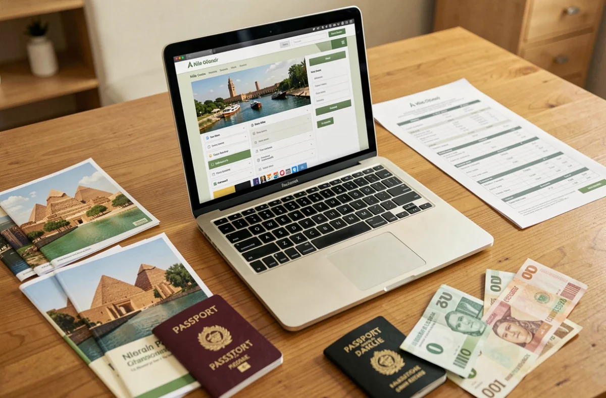 Bureau de voyage avec brochures de croisière sur le Nil, passeport et site de réservation en ligne affiché sur un ordinateur portable