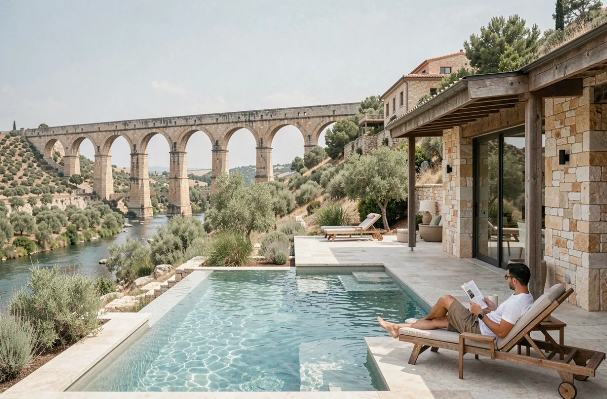 Résidence MMV Pont du Gard avec terrasse piscine en teck et vue sur l'aqueduc romain à trois niveaux dans le paysage gardois
