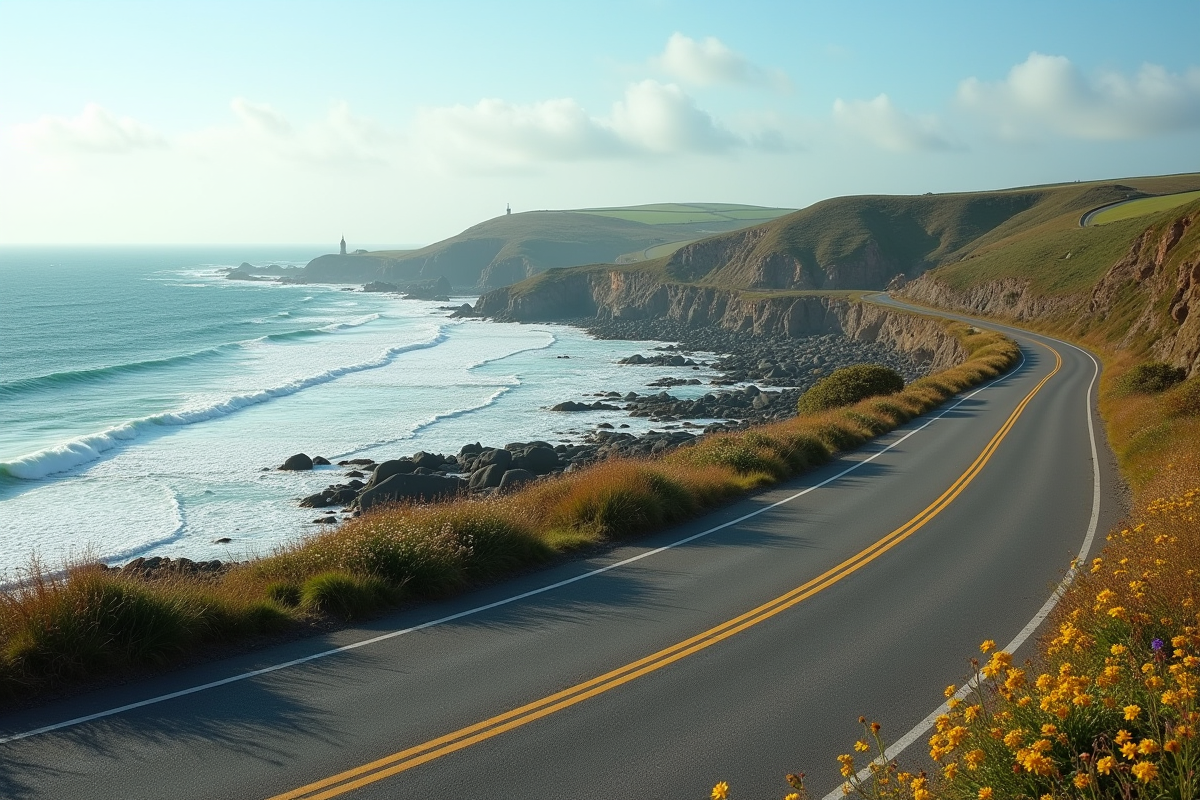 Route côtière en Bretagne avec phare et falaises rocheuses