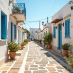 Rue ensoleillee d un village cypriote blanc avec pavage en pierre
