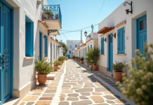 Rue ensoleillee d un village cypriote blanc avec pavage en pierre