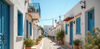 Rue ensoleillee d un village cypriote blanc avec pavage en pierre