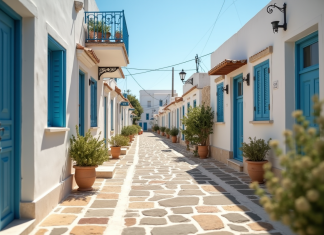 Rue ensoleillee d un village cypriote blanc avec pavage en pierre