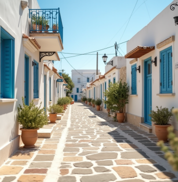Rue ensoleillee d un village cypriote blanc avec pavage en pierre