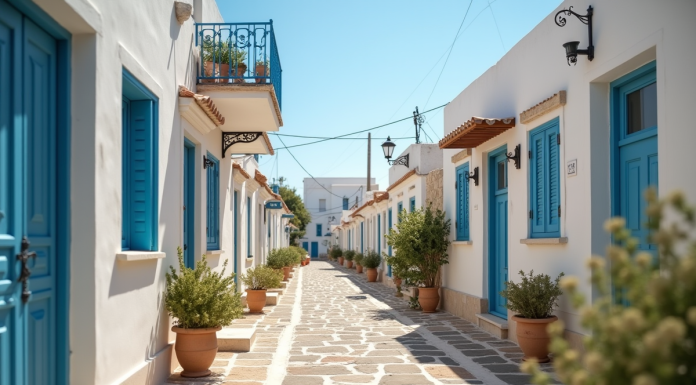 Rue ensoleillee d un village cypriote blanc avec pavage en pierre