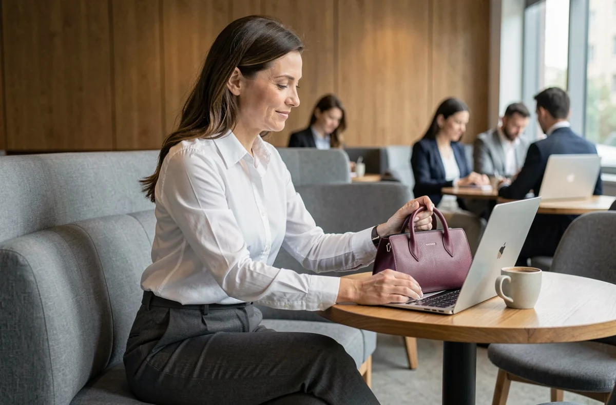 Femme professionnelle avec un sac à main en cuir bordeaux dans un salon d'affaires d'aéroport