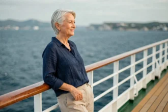 Femme senior célibataire appuyée sur la rambarde d'un bateau de croisière, regardant l'horizon marin avec sérénité