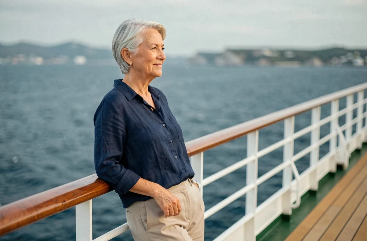 Femme senior célibataire appuyée sur la rambarde d'un bateau de croisière, regardant l'horizon marin avec sérénité