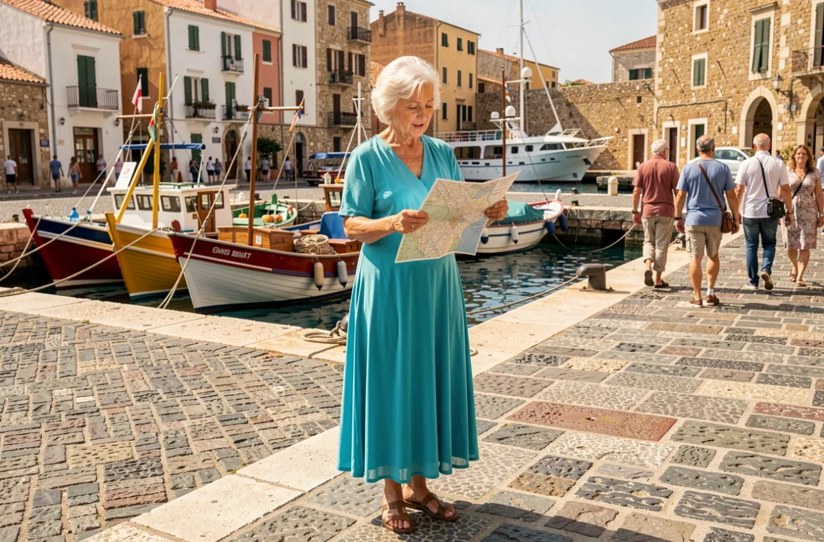 Senior célibataire explorant seule un port méditerranéen lors d'une escale de croisière, carte en main avec assurance