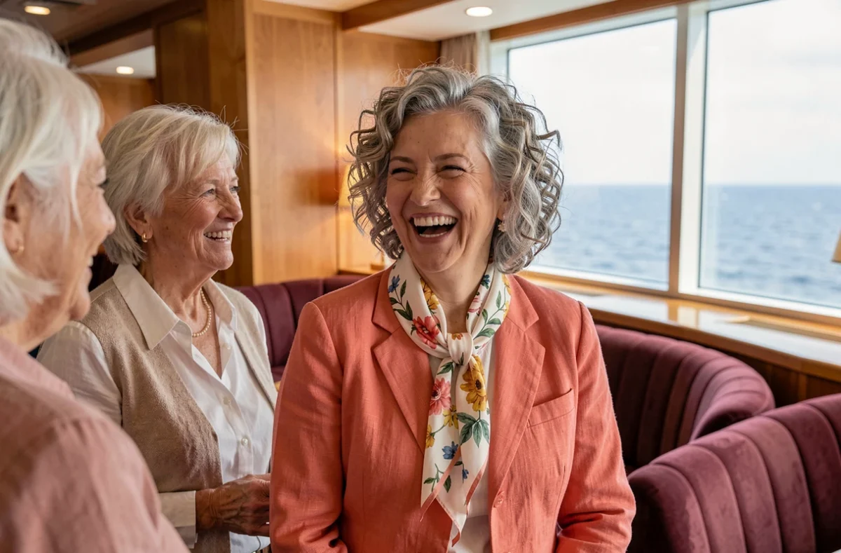 Groupe de femmes seniors riant ensemble dans le salon d'un bateau de croisière, illustrant la convivialité des croisières pour célibataires