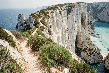 Sentier côtier rocheux longeant les falaises blanches de Bonifacio vers la plage des 3 Pointes en Corse