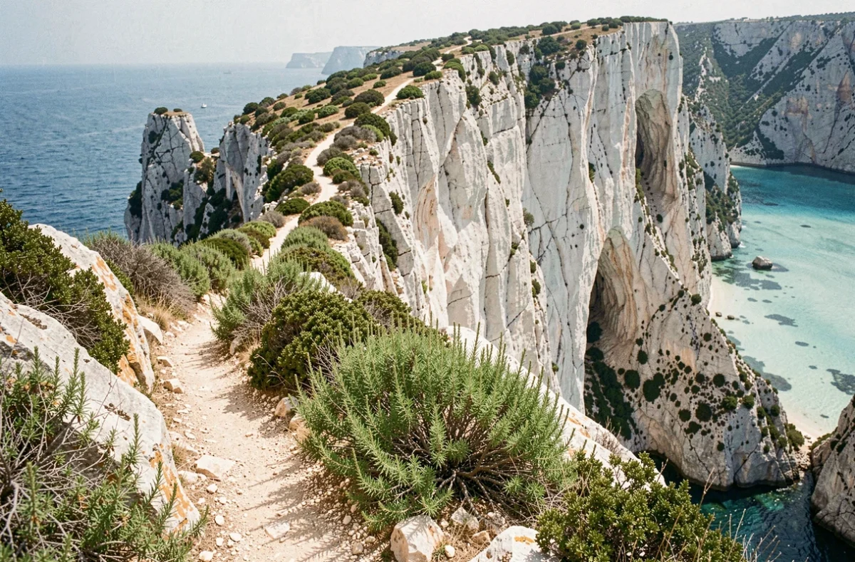 Sentier côtier rocheux longeant les falaises blanches de Bonifacio vers la plage des 3 Pointes en Corse