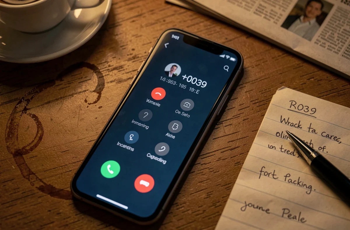 Vue en plongée d'un smartphone affichant un appel entrant répété depuis un numéro avec l'indicatif 0039 posé sur un bureau en bois la nuit
