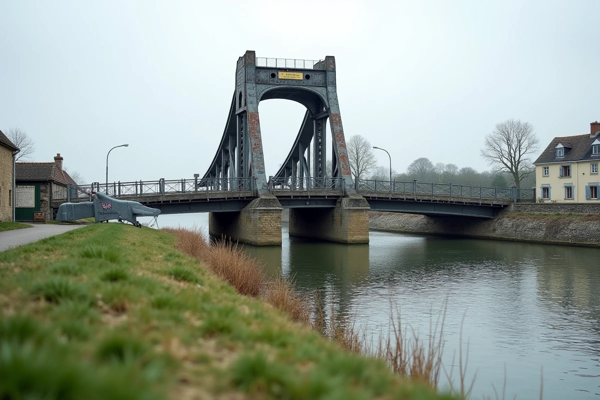 Pegasus Bridge sur le canal de Caen pr&egrave;s d'Ouistreham, symbole de la m&eacute;moire britannique sur Sword Beach en Normandie