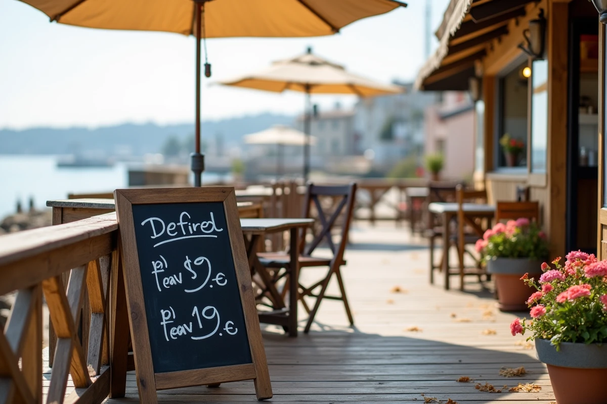 Terrasse de crêperie fermée en basse saison à la plage de Conleau, ardoise avec tarifs réduits
