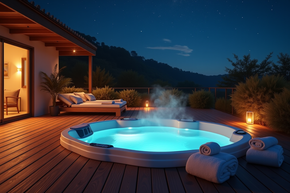 Terrasse privée avec jacuzzi chaud et ciel étoilé