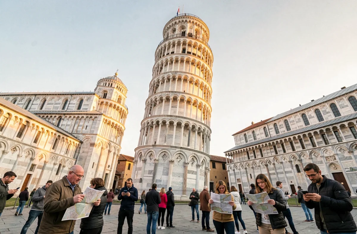 Tour de Pise vue depuis la Piazza dei Miracoli avec des touristes consultant leur itinéraire depuis Rome