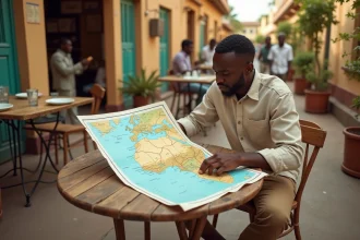 Touriste consultant une carte du Sénégal dans un café en plein air à Dakar avec vue sur des bâtiments colorés