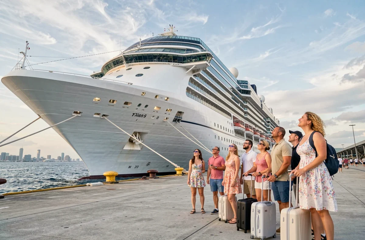 Touristes arrivant au port avec leurs bagages devant un grand navire de croisière prêts à embarquer