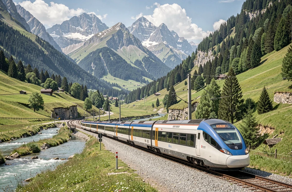 Train à grande vitesse dans la vallée de la Maurienne, dans les Alpes
