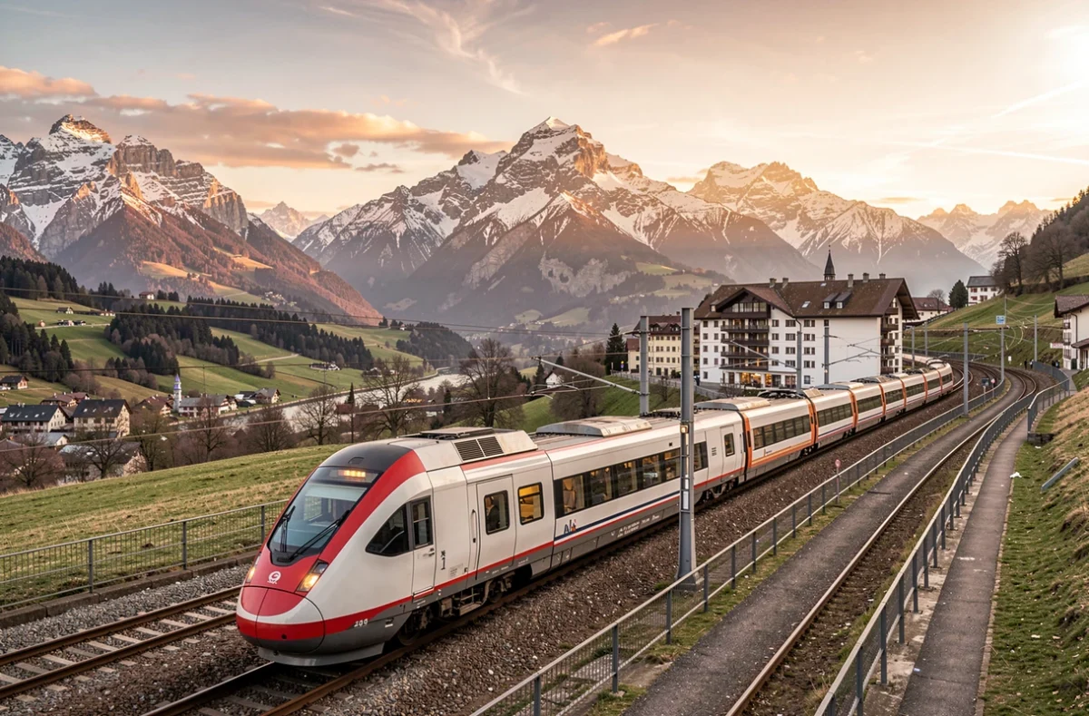 Train à grande vitesse traversant les Alpes au lever du jour