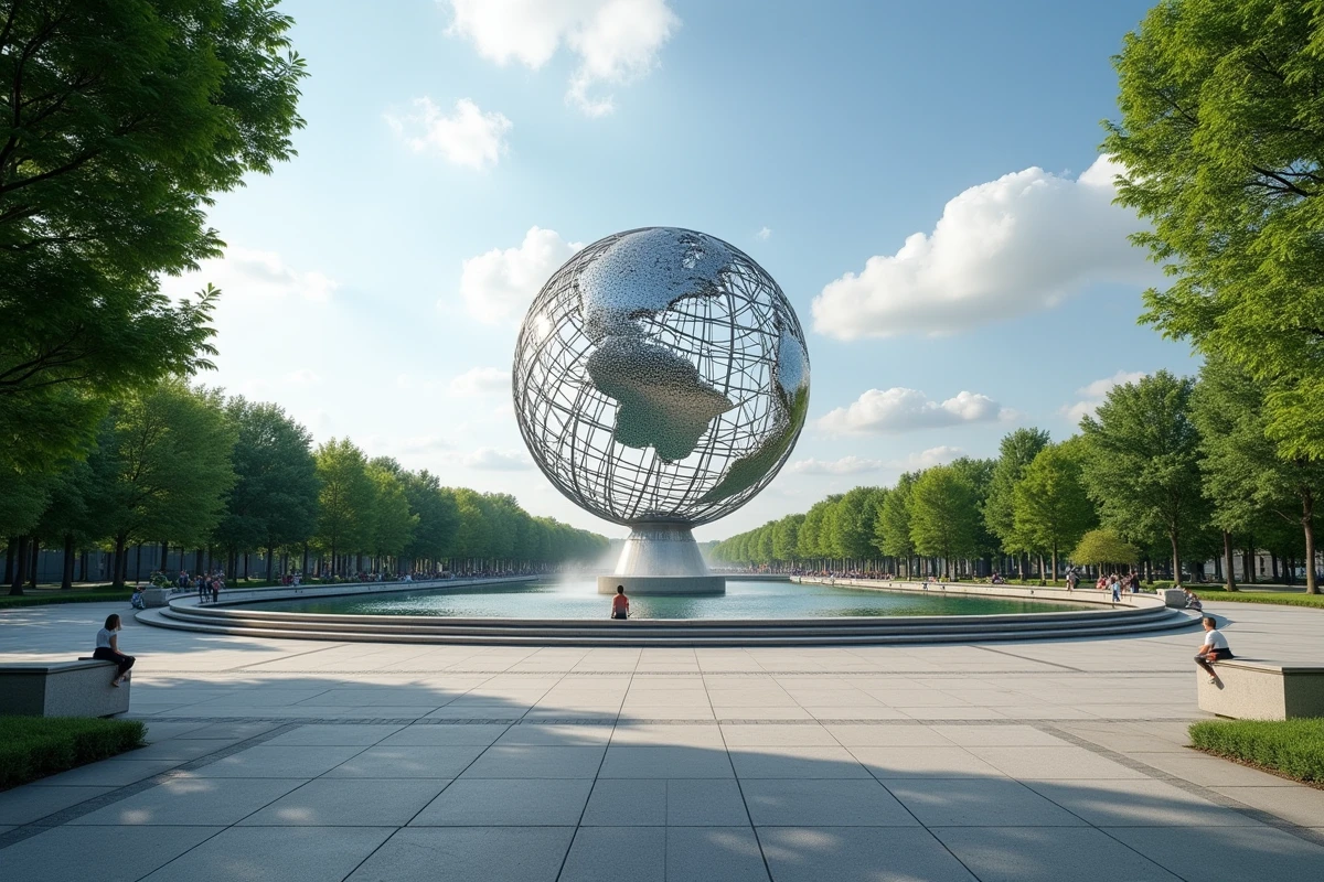 L'Unisphere de Corona Park Queens sous un ciel dégagé, symbole emblématique de Flushing Meadows avec peu de visiteurs autour