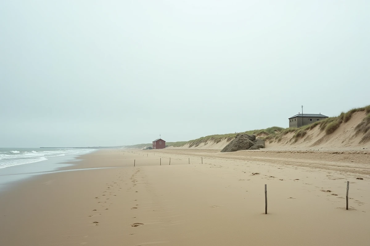 Utah Beach dans le Cotentin avec bunker allemand et mus&eacute;e du D&eacute;barquement sur une plage de sable plat &agrave; mar&eacute;e basse