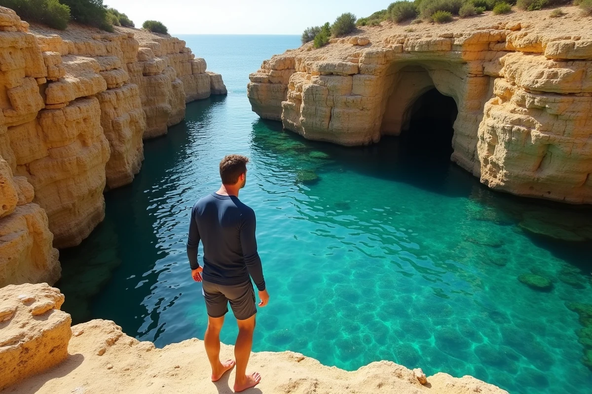 Homme au bord d'une crique rocheuse à Gozo Malte prêt à plonger dans une eau turquoise cristalline