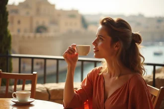 Femme attablée en terrasse face aux remparts historiques de La Valette à Malte lors de vacances culturelles