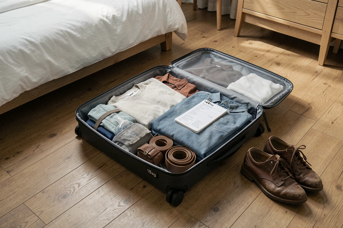 Valise 15 kg ouverte et organisée posée sur le sol d'une chambre à coucher
