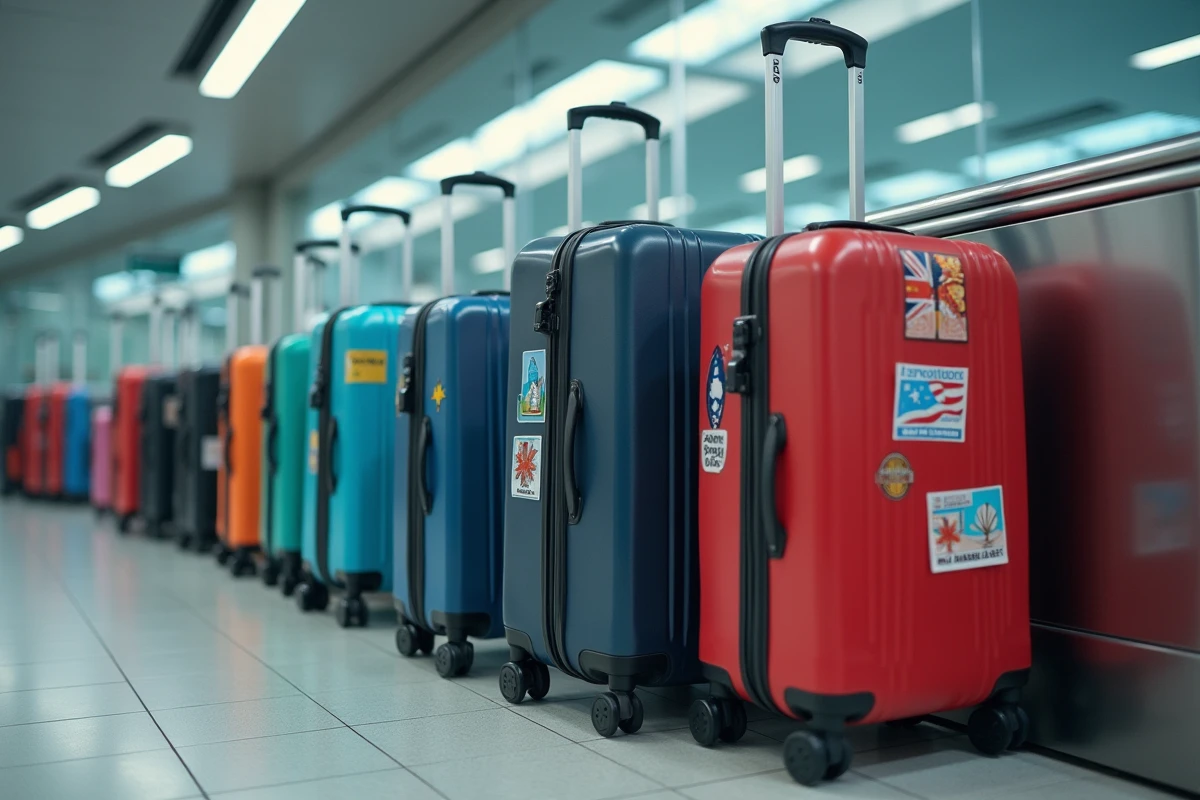Rangée de valises avec autocollants colorés sur un tapis bagages d'aéroport pour identification rapide