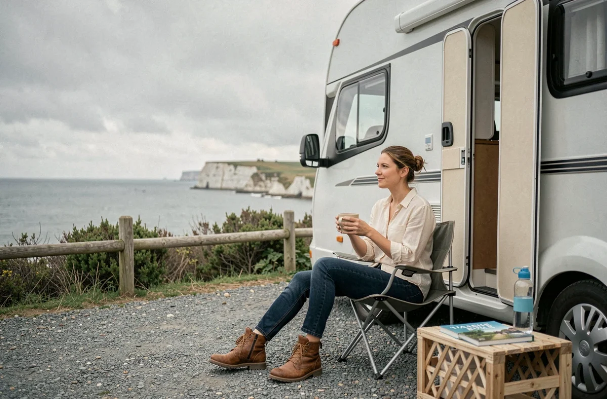 Femme en van aménagé sur un camping côtier du Pas-de-Calais avec vue sur la Côte d'Opale
