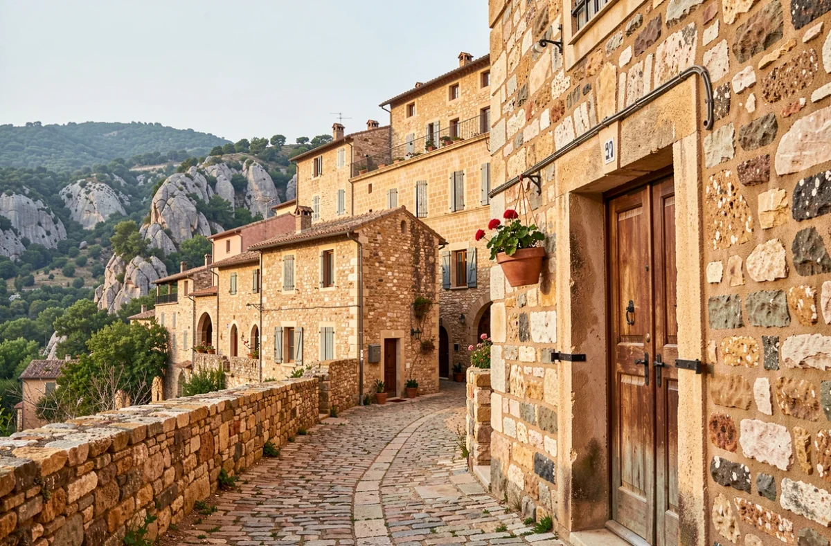 Village médiéval perché du Vieux Castillon dans le Gard avec ruelle en cobbelstone et façade en pierre de l'hôtel restauré