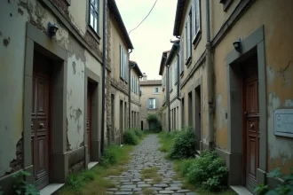 Rue d'une ville fantôme française abandonnée avec façades en pierre craquelées, volets rouillés et pavés envahis par la végétation