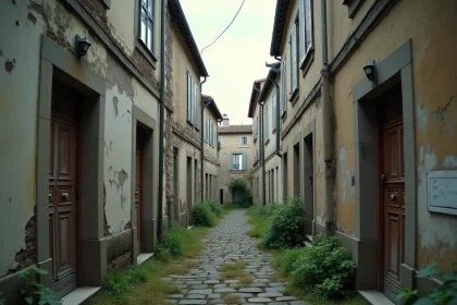 Rue d'une ville fantôme française abandonnée avec façades en pierre craquelées, volets rouillés et pavés envahis par la végétation