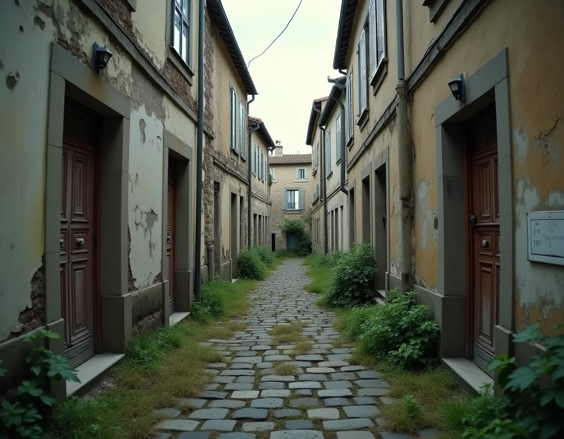 Rue d'une ville fantôme française abandonnée avec façades en pierre craquelées, volets rouillés et pavés envahis par la végétation