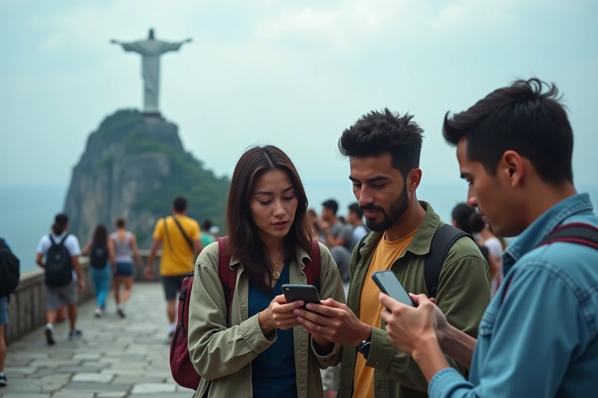 Groupe de visiteurs locaux consultant une appli de réduction au sommet du Corcovado devant le Christ Rédempteur