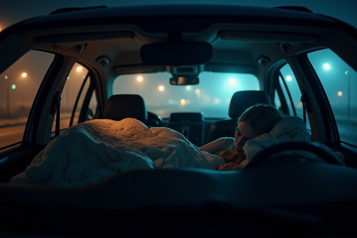 Voiture avec fenetres brumees dans une aire de repos belge la nuit