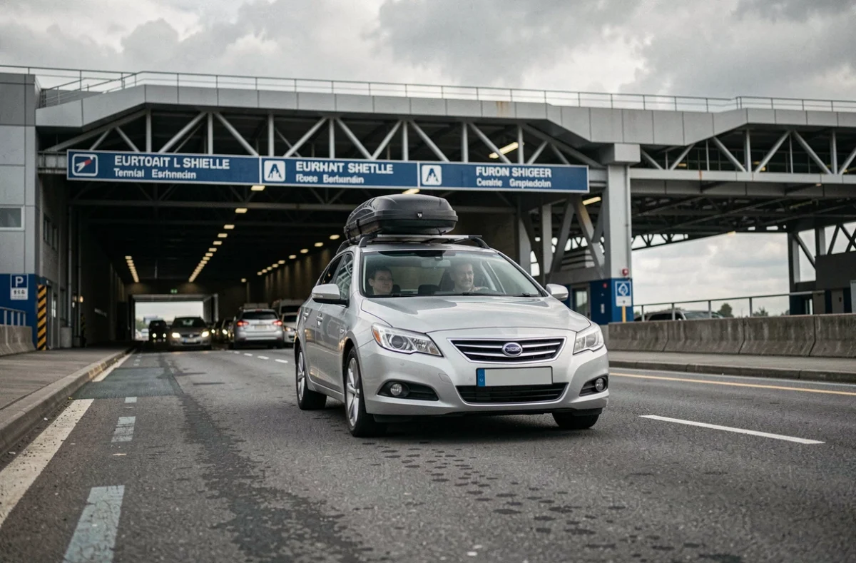 Voiture approchant le terminal Eurotunnel à Folkestone avec signalisation bilingue et infrastructure ferroviaire