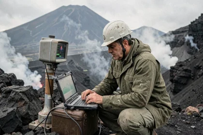 Volcanologue de l'OVG analysant des données sismiques sur le flanc du volcan Nyiragongo en République démocratique du Congo