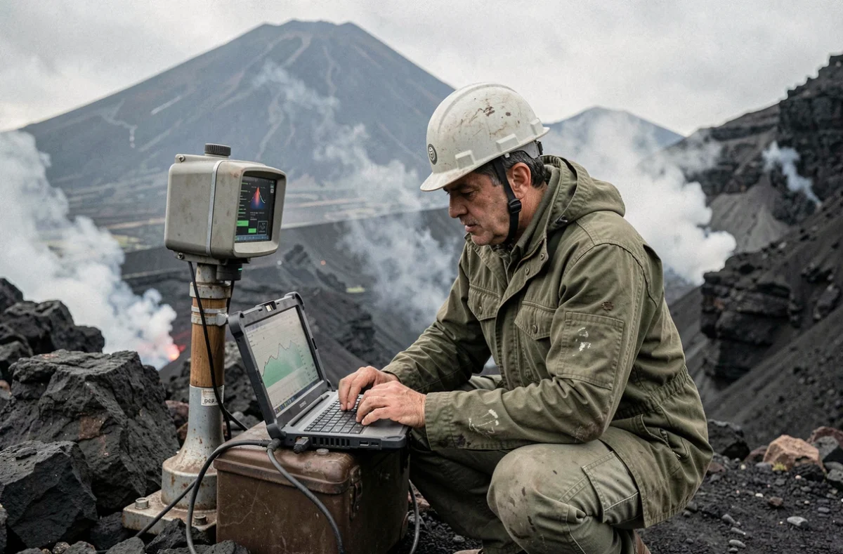 Volcanologue de l'OVG analysant des données sismiques sur le flanc du volcan Nyiragongo en République démocratique du Congo