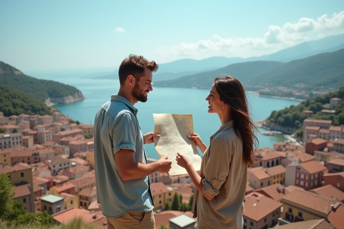 Couple de voyageurs consultant une carte sur un belvédère avec vue panoramique sur une ville historique européenne aux toits en tuiles rouges