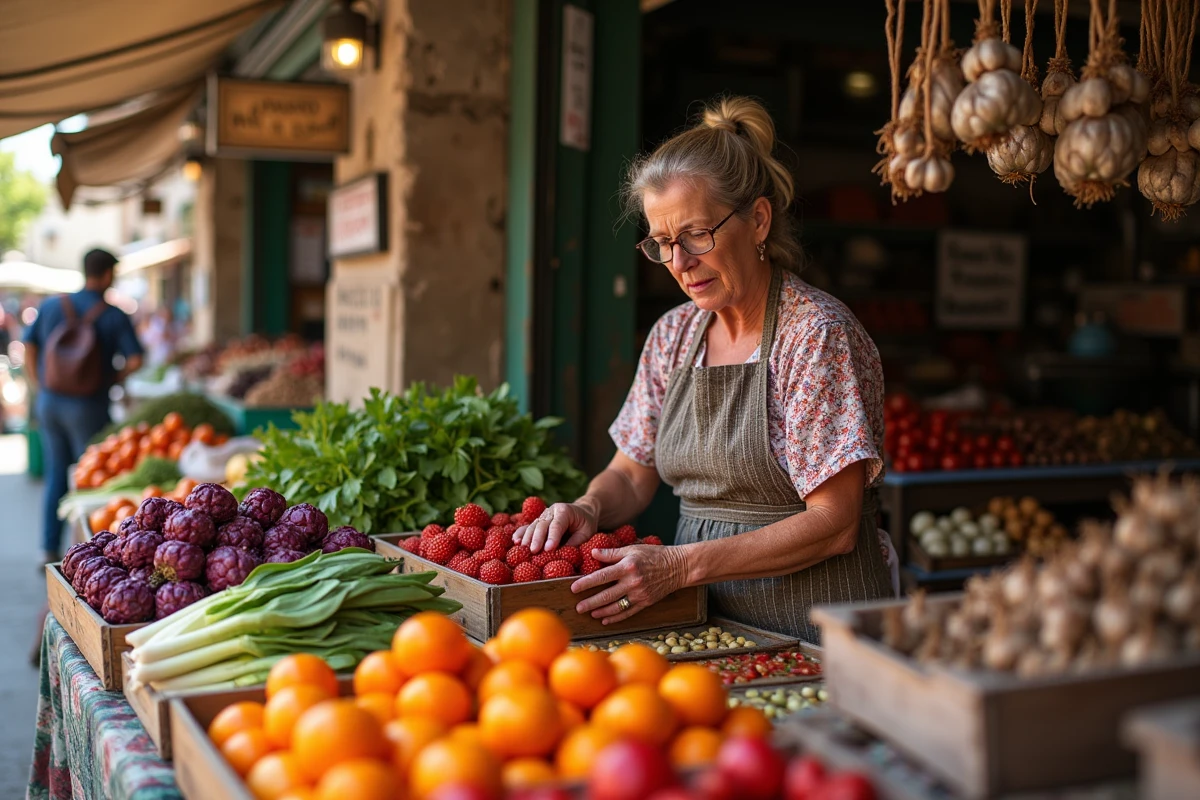 Étal de marché sicilien à Catane avec fruits et légumes locaux et vendeuse en tablier fleuri
