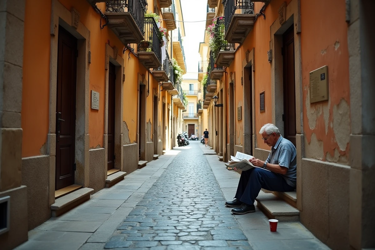 Ruelle historique de Palerme en Sicile avec un homme âgé assis devant une porte baroque