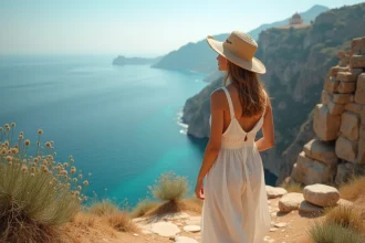 Femme en robe de lin devant le panorama côtier de Taormine en Sicile avec vue sur l'Etna
