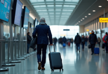 Homme d'âge moyen dans un aéroport vérifiant les écrans